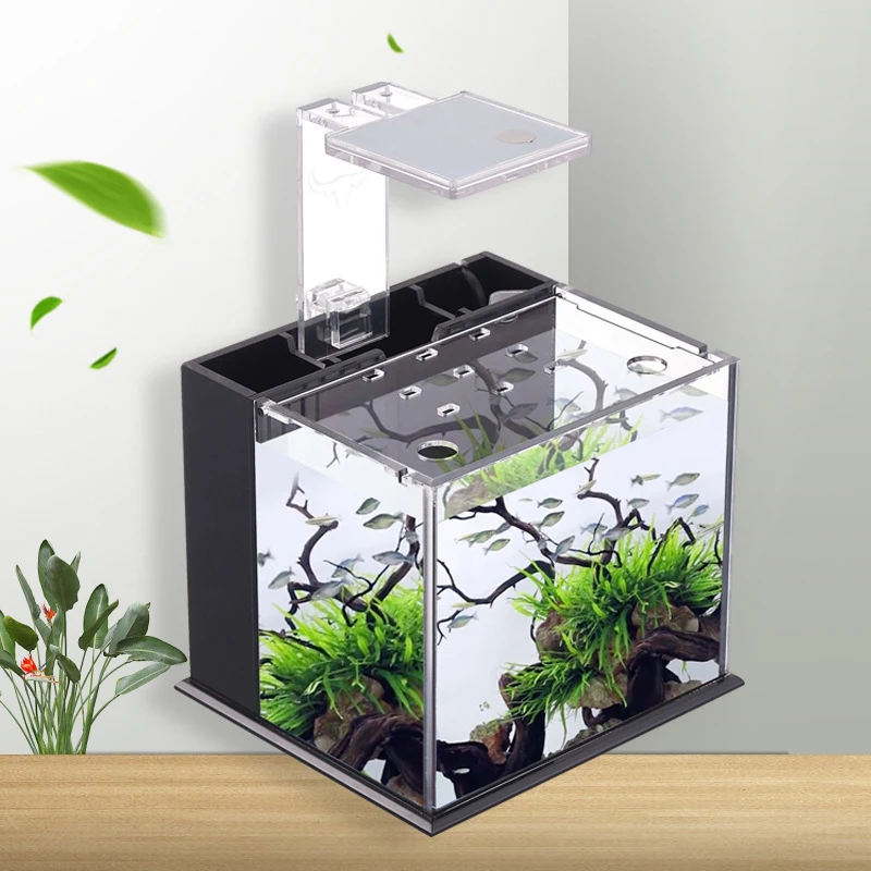 Mini Desktop Fish Tank Aquarium Ecological Creative Small Acrylic Fish Tank With Clear Lid Filter Pump And LED Light Decorations