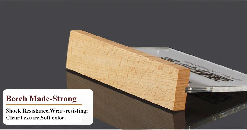 Horizontal T-shaped table card inserted into acrylic PS wooden shop advertising sign wooden display stand