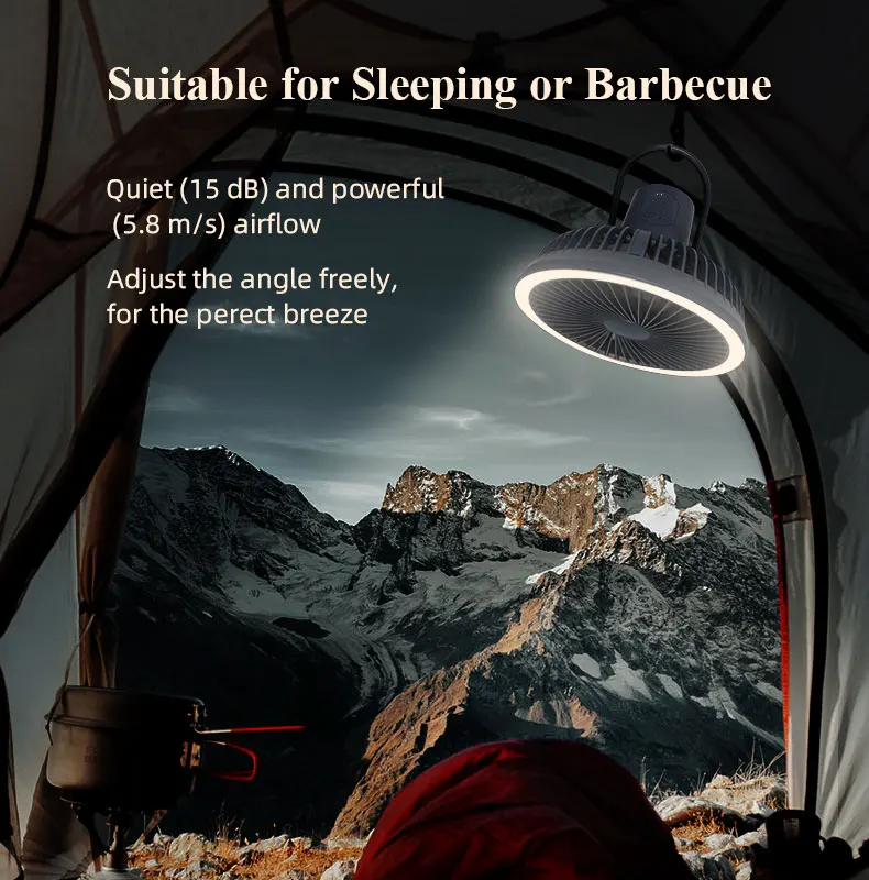 Hebron Claymore Portable Camping Fan With Led Lantern Light Rechargeable Tripod Fan Tent 4 Speed For Camping Fan