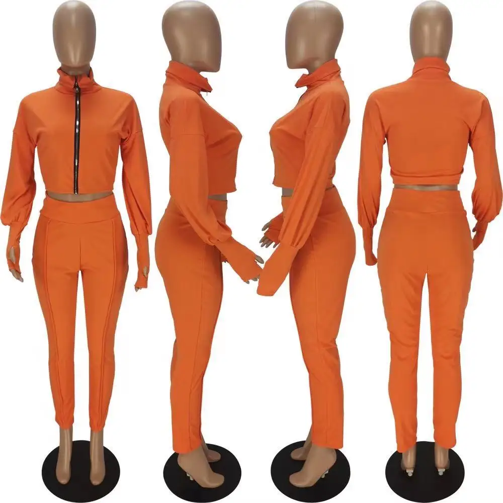 Женский однотонный костюм из двух предметов, повседневный длинный костюм на молнии с рукавами-фонариками, осень 2021