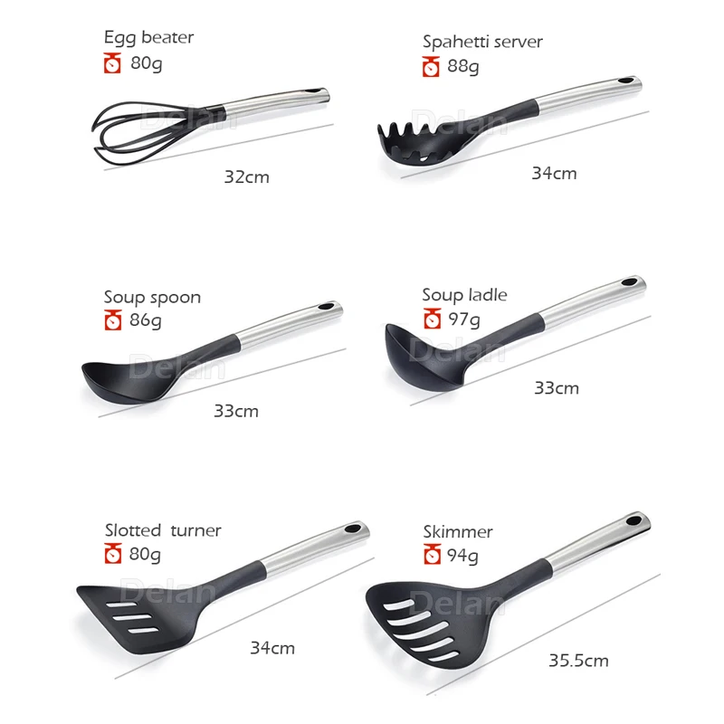 100% food grade assured best price non-stick 7pcs stainless steel handle nylon kitchen tool