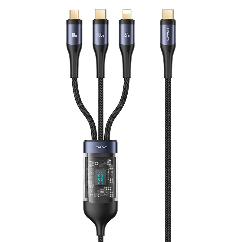 USAMS US-SJ600 US-SJ600 U83 3IN1 Transparent Digital Display PD100W Fast Charging & Data Cable 1.2m  C To C+L+M
