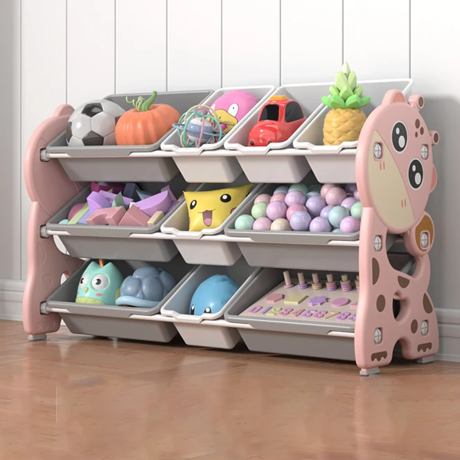 Eeo-friendly plastic China style giraffe Cartoon design children toy storage shelf with plastic collection bin for kids