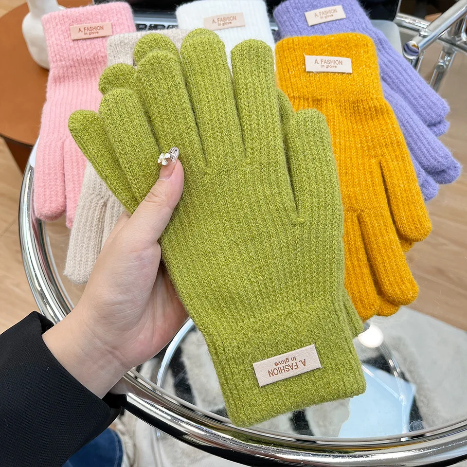 Factory Wholesale Ins Knitted Wool Gloves Female Riding Thickened Warm Double-layer Touch Screen Gloves