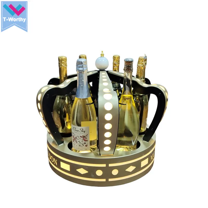 T-Worthy Customized Logo Metal King Crown LED Bottle Carrier Display Rack for Liquor Beer Champagne for Lounge Presentation