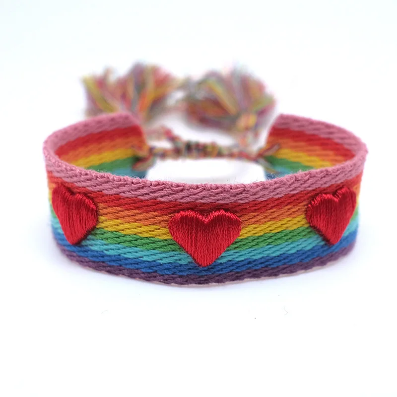 Bohemian Custom Logo Ribbon Letter Embroidery heart Friendship Braided Bracelet Adjustable Woven Charm Webbing Tassel Bracelets