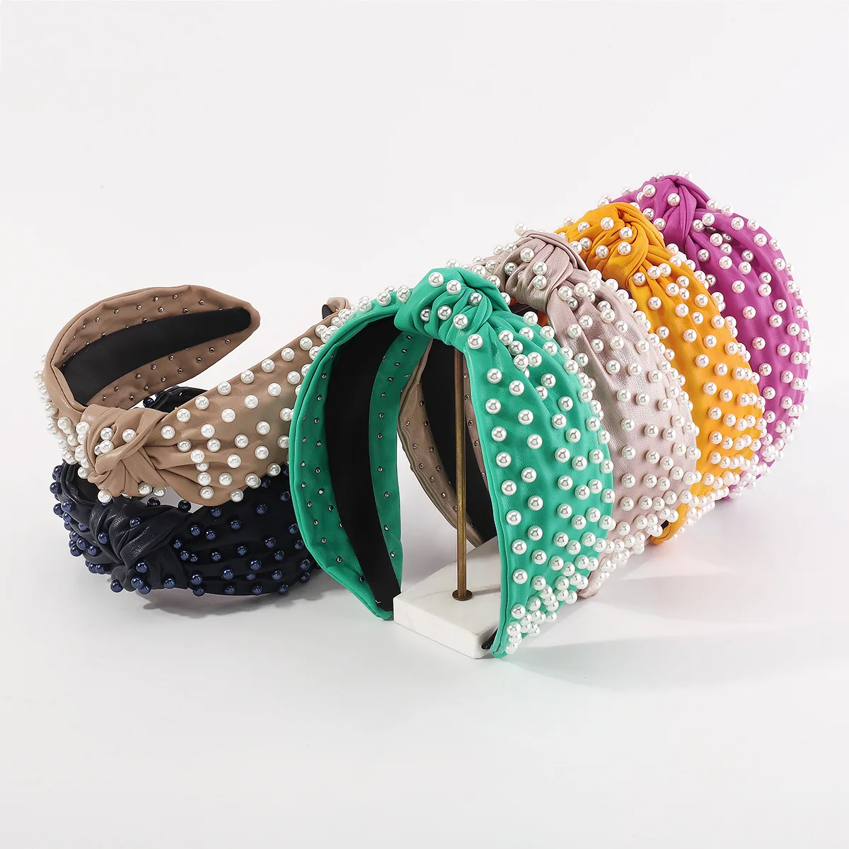 Creative personalized leather pearl hair band with knots solid color Hairbands for Women
