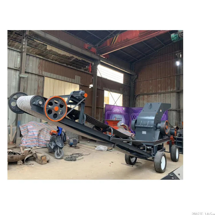 Mobile diesel stone Laminated glass recycling machine pc 600*400 hammer crusher mill with vibrating feeder screen conveyor