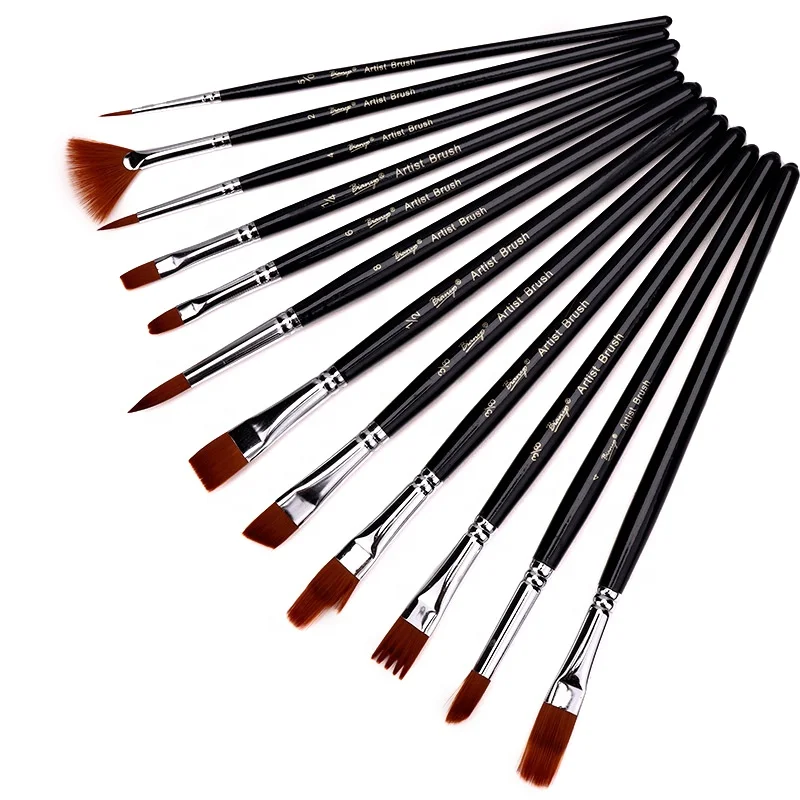 
12 Pcs Nylon Paint Brush Set With Wood Handle For Water Color Acrylic Oil Painting 