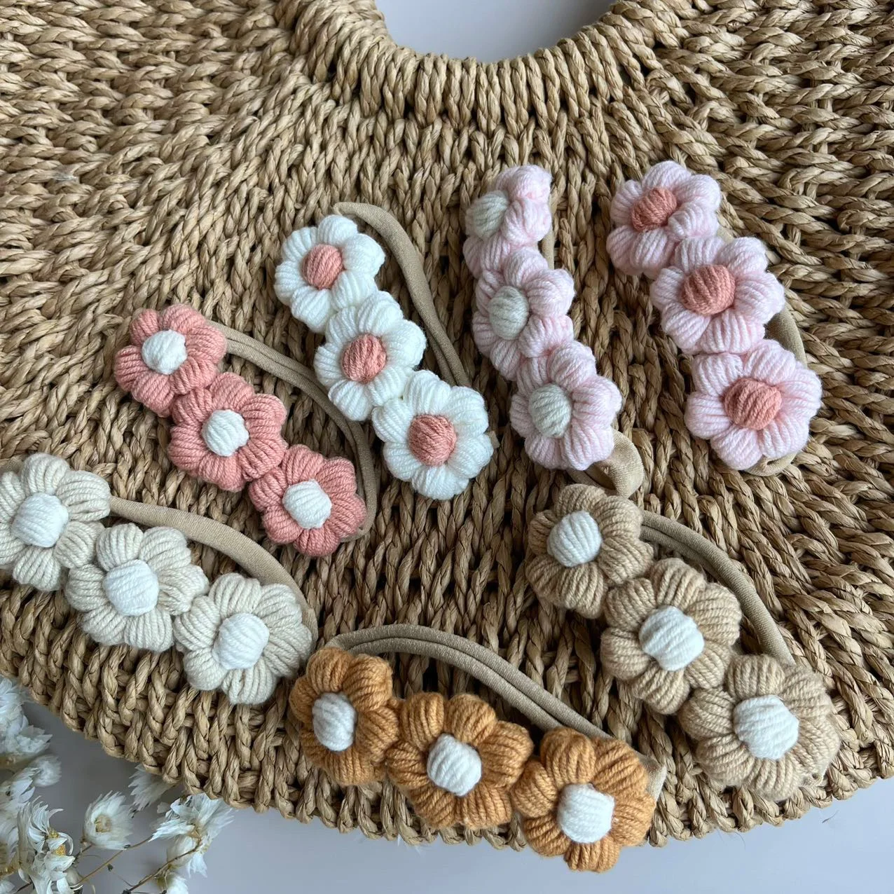 Ins Popular super soft cute Puff Daisy Crochet knitted hair Baby girl headbands hair accessories