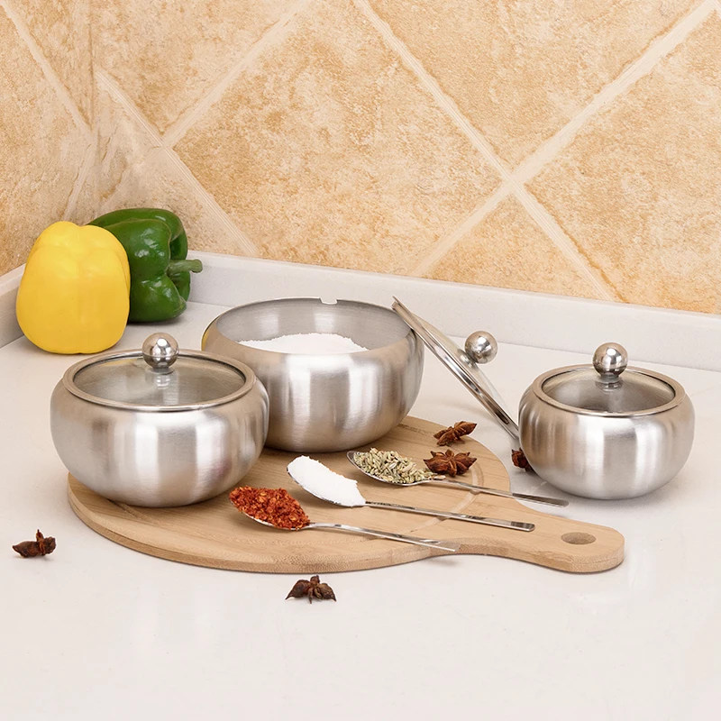 Hot selling household goods spice pot stainless steel seasoning pot with lid and spoon seasoning container
