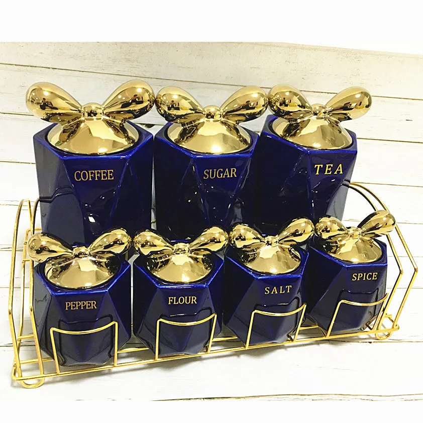 High quality 7Pcs Colors Crown Bowknot Lid Ceramic Sealed Jar Food Coffee Tea Sugar Spice Storage Jar Set