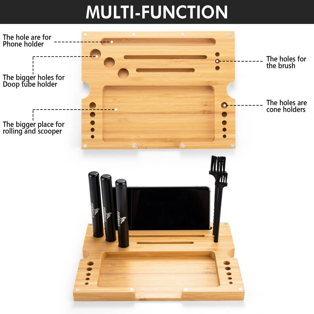 Hinged Lid Extra Large Foldable Rolling Tray Wooden Storage Box Bamboo Stash Box