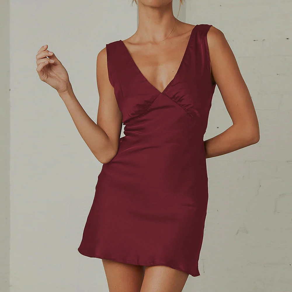 Charming Low V Neck Back Sashes Casual 2023 Evening Satin Dress Sexy