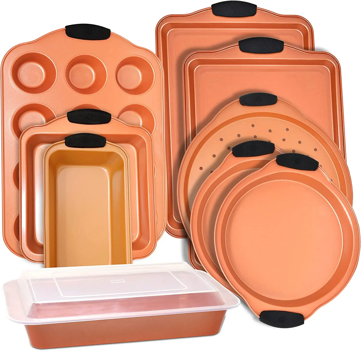 High Quality Baking Pan 10 Piece Set Nonstick Copper Steel Oven Bakeware Kitchen Set with Silicone Grips