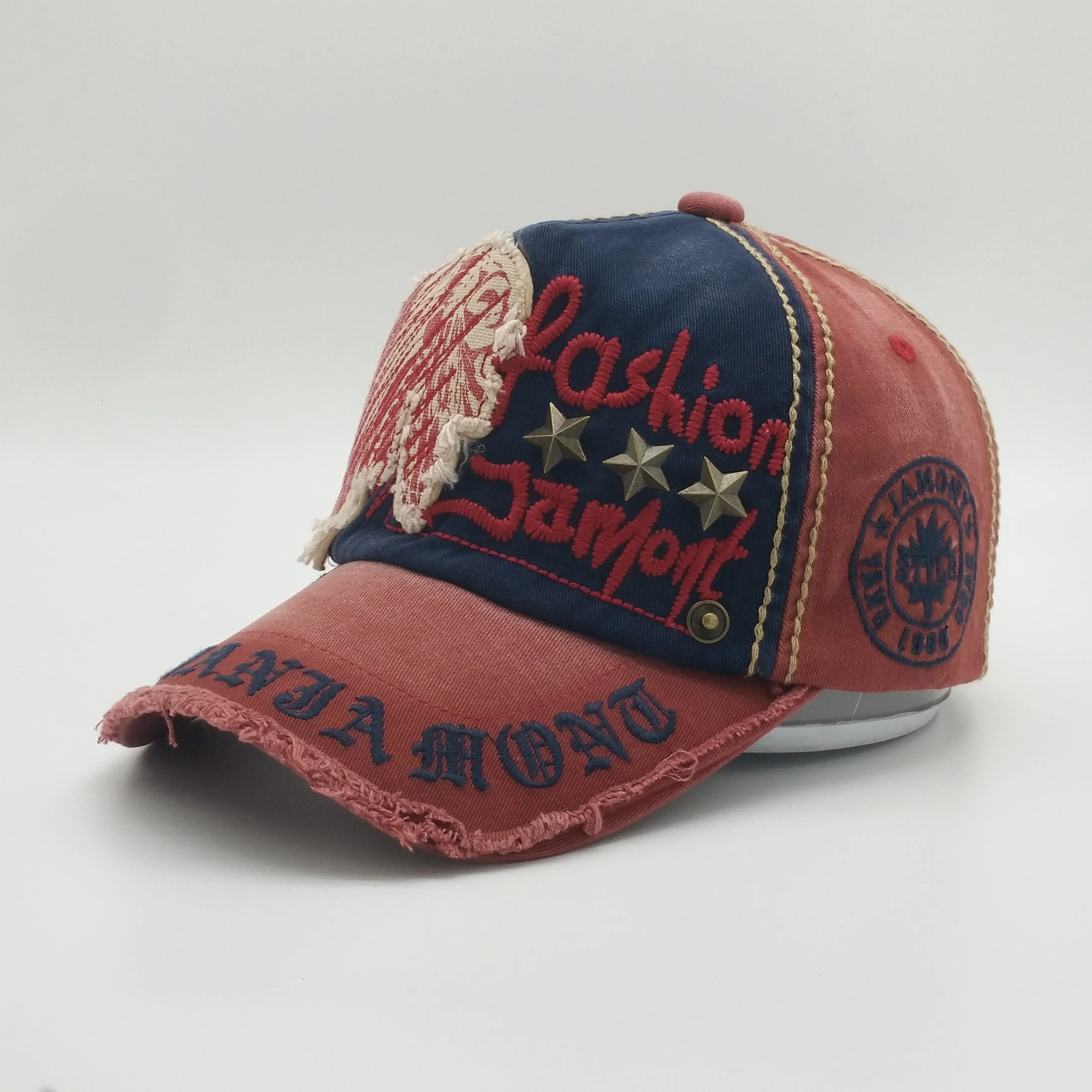 Customized Frayed Cloth Logo Worn Out Baseball Cap,Embroidery Visor Hats Dad Hats,Five Pointed Metal Star Lapel