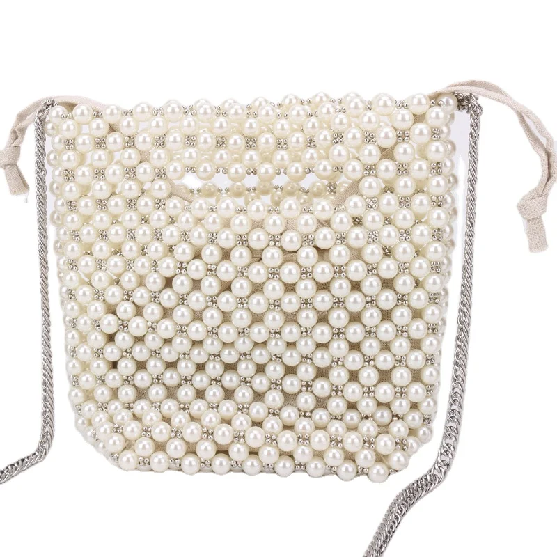 
2021 Hot Sale New Woven Pearl Beaded Tote Bag Single Beach Shoulder Ladies Drawstring Handbag Messenger Elegant Evening Tote Bag 