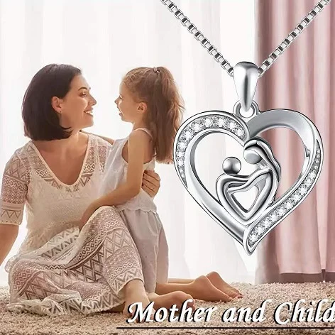 SPJ Trendy 925 Sterling Silver heart Shaped Mothers Son Concentric Pendant with Diamond Rhodium Plated Necklaces For Mom