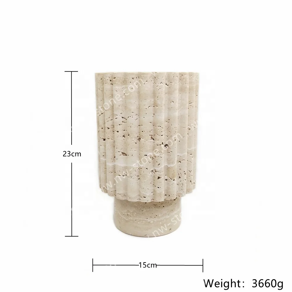 NANWEI Natural Classic Beige Travertine Marble Stone Flower Vase Decoration