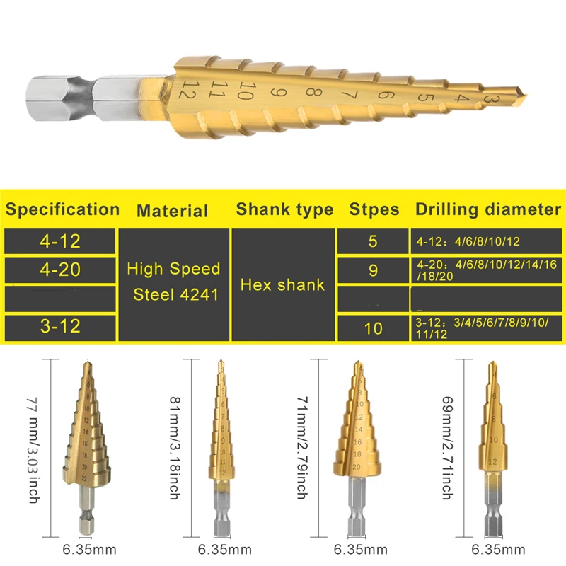 3Pcs Step Drill Sets 3-12mm 4-12mm 4-20mm Straight Groove Step Drill Bit Titanium Coated Wood Metal Hole Cutter Drilling