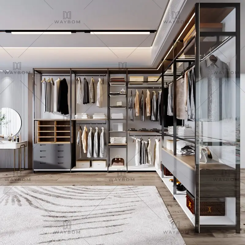 New Design aluminum glass Armoire Dressing Room aluminium wooden Clothes Closet system Wardrobe