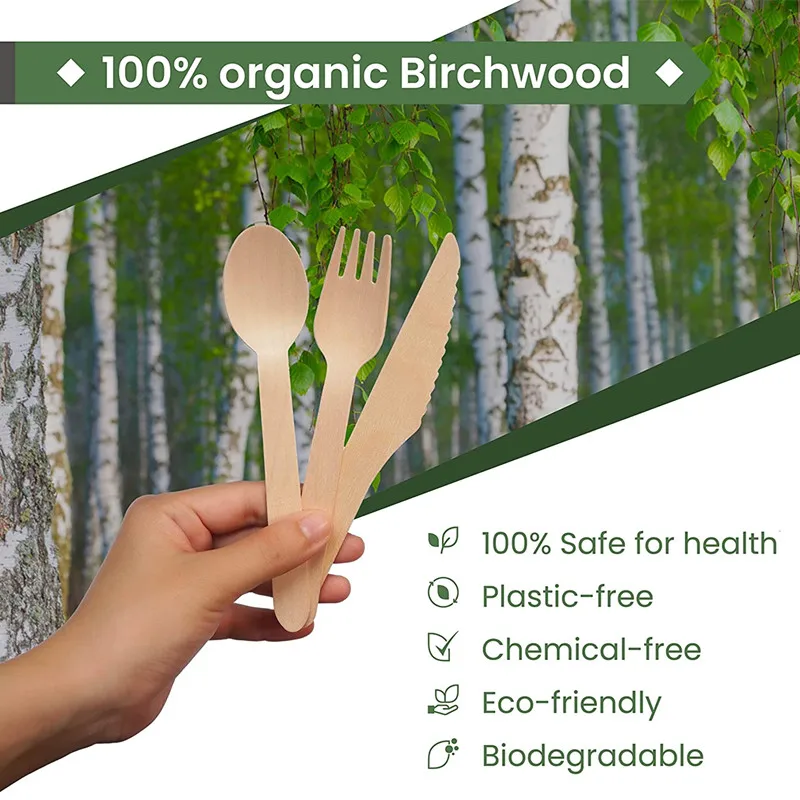 Winning Wooden Cutlery Forks Bulk Biodegradable Disposable Eco-Friendly Custom Birchwood Wooden Cutlery