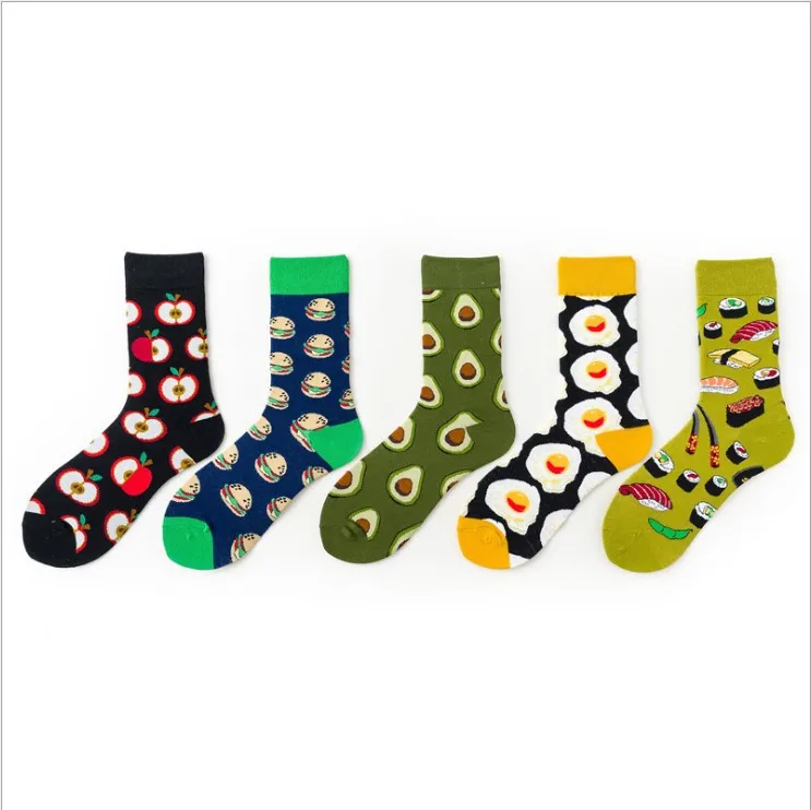 
Wholesale Colorful Crazy Funky Cotton Food Apple Hamburger Egg Avocado Crew Unisex Happy Socks in Stock 