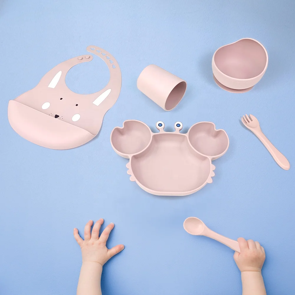 6 Pack Silicone Baby Feeding Set Silicone Cups Baby Bib Set Animal Pattern Printed Suction Bowl Dish Plate Silicone Baby Spoon