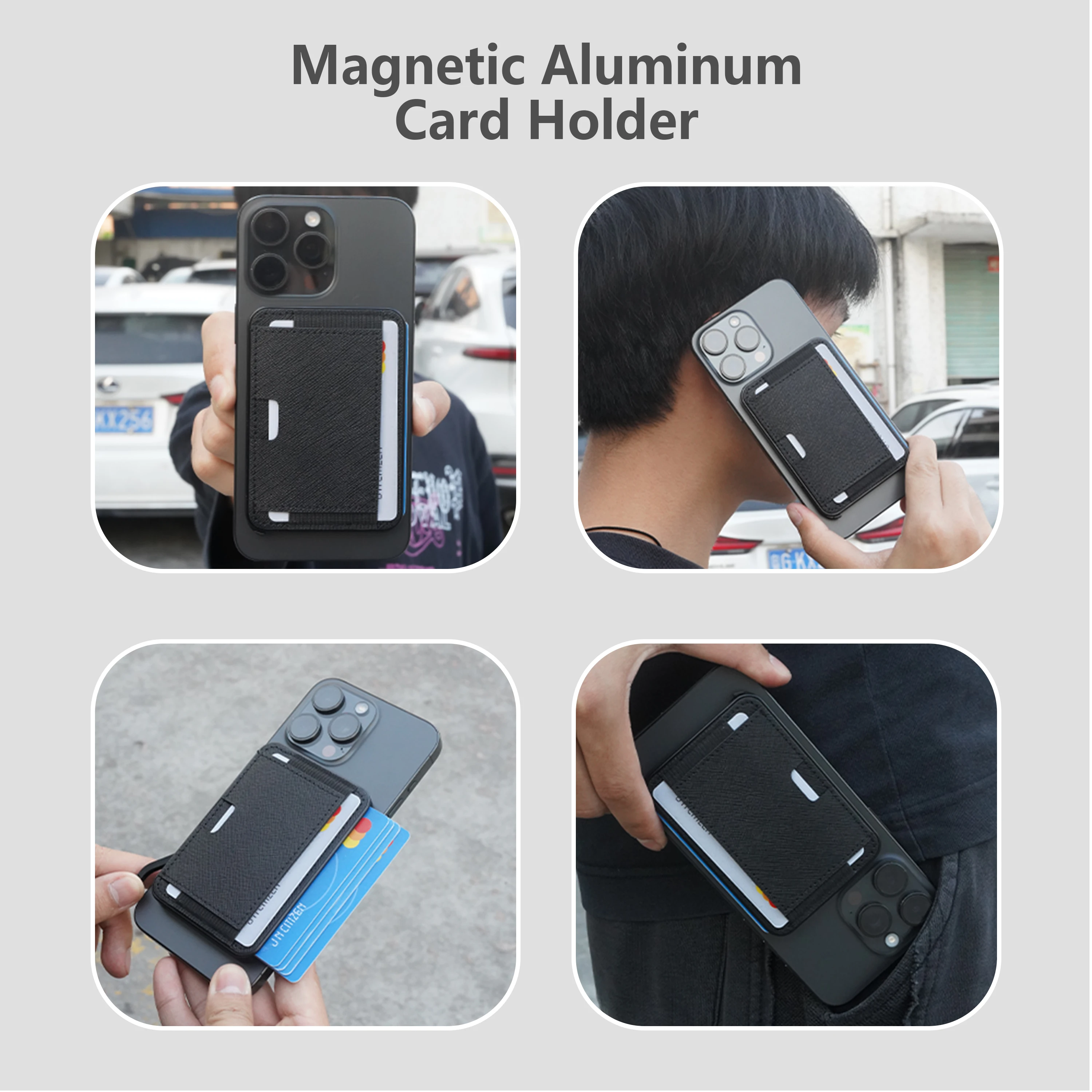 Мужской кожаный держатель для карт с передним карманом RFID блокирующий тонкий металлический кошелек Магнитный телефона iPhone 16/15/14 /13