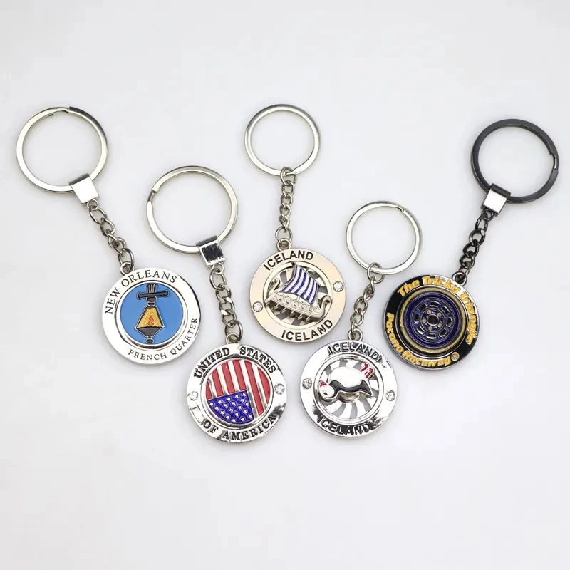 Wholesale custom designed 3D circular tourist souvenir metal rotating key chain