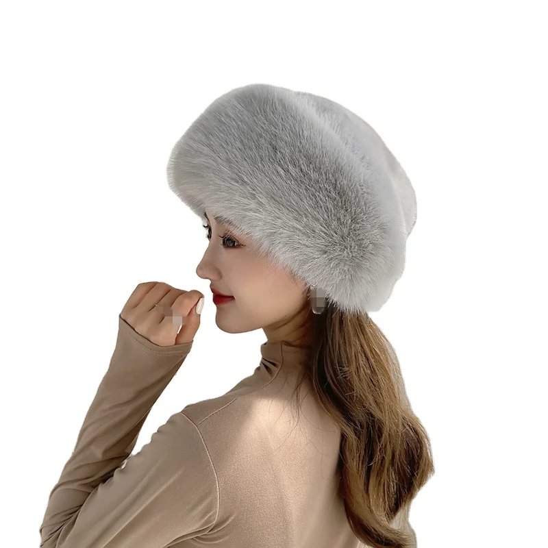 High Quality Fashion Lady warm outdoor Beret Cap European British Stylish Winter Women Rabbit Faux Fur Beret Hat