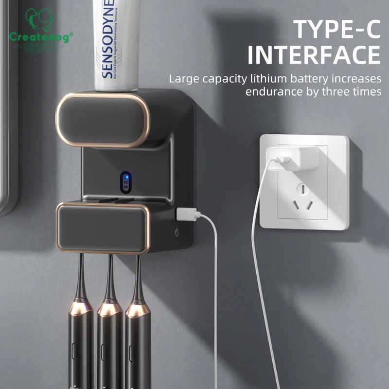 Bathroom Wall Automatic Toothpaste Dispenser with 3 disinfect Toothbrush Slots, Auto Toothpaste Dispenser with Sensor for Family