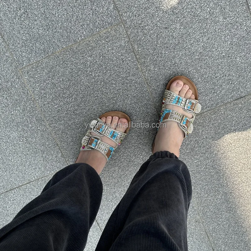 2024 OEM Customized logo Bohemia Cork Sandals Beaded Double Cross Strap Buckle Open Toe Flat Beach Sandals Slipper Ladies