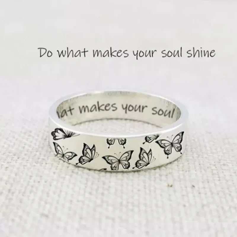 Vintage Do What Makes Your Soul Shine Letter Women Rings Simple Carving Butterfly Pattern Rings for Women Party Jewelry Gift
