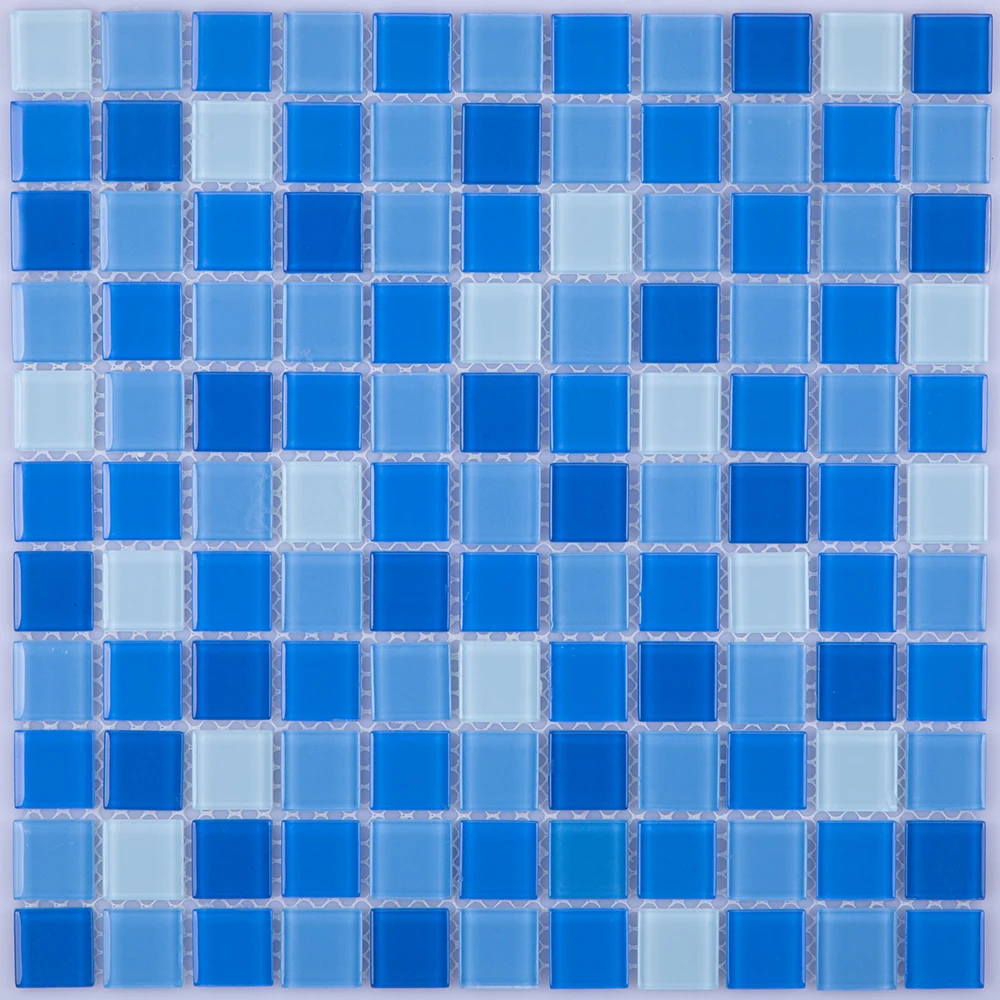 Factory supply modern blend blue square crystal glass mosaic swimming pool tile
