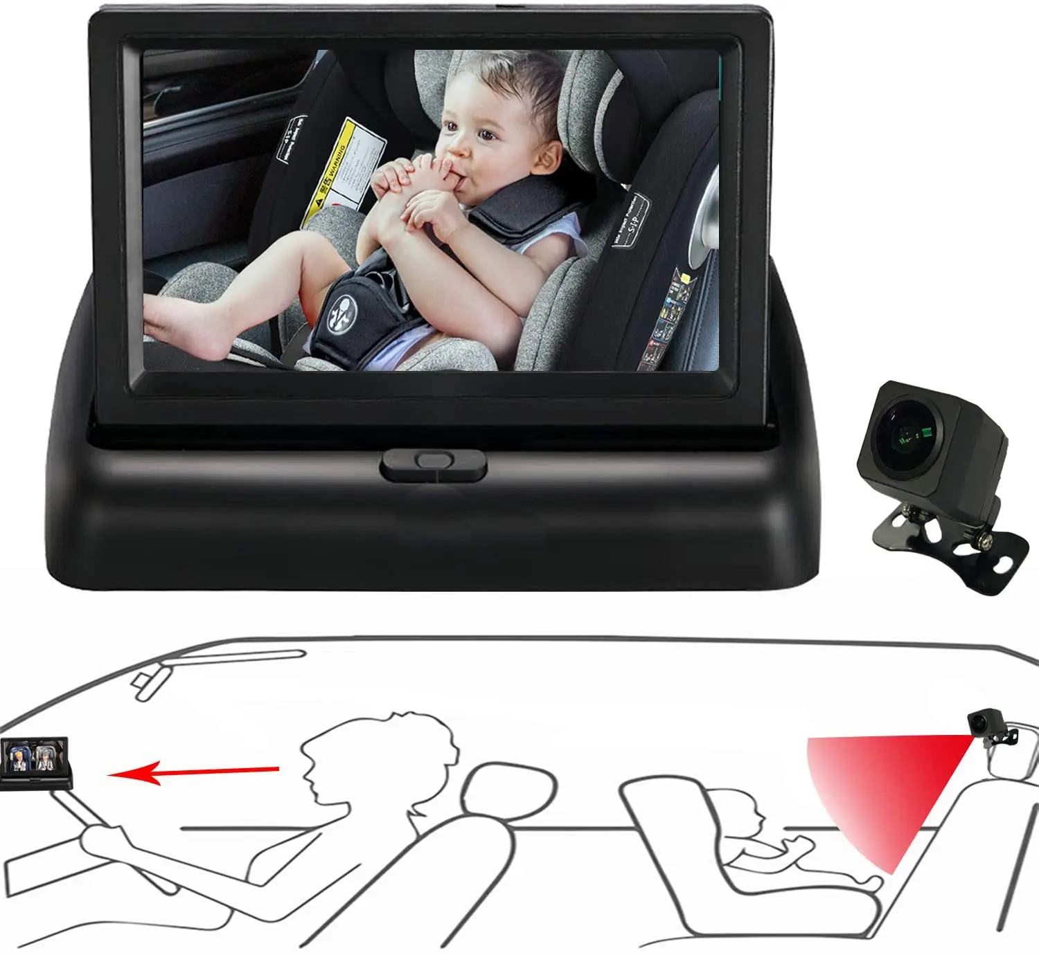 
Factory supply 720P 4.3 inch Foldable Screen 4PIN Plug&Play Kit Rear Mirror Camera +Car Baby Monitor 