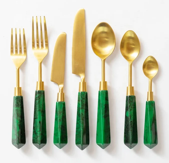 Stainless Steel Gold Flatware Set W/Green Handle S/5 & 7 Pcs. place setting, Flatware Set, Wedding Party Set