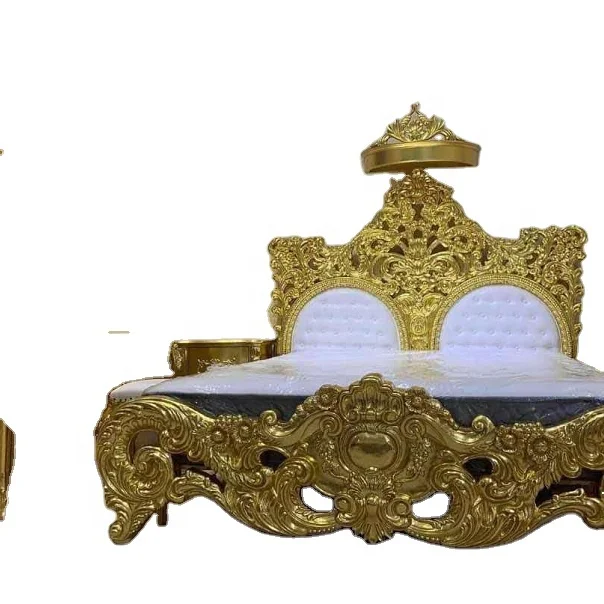 
home furniture Italian classical gold foil flowers carved royal luxury bedroom set 