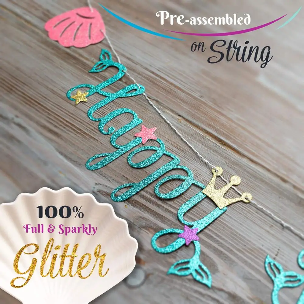 Sparkle Glitter Premium Under the Sea Mermaid Birthday Party Decor Theme Mermaid Happy Birthday Banner