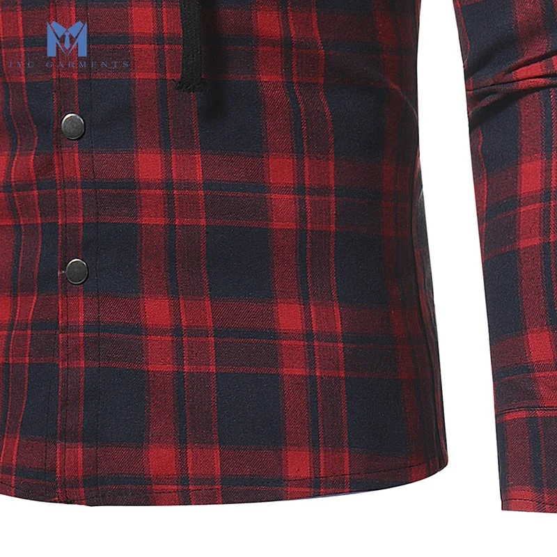 
2020 new style flannel big check double pocket long sleeve hooded flannel shirt 