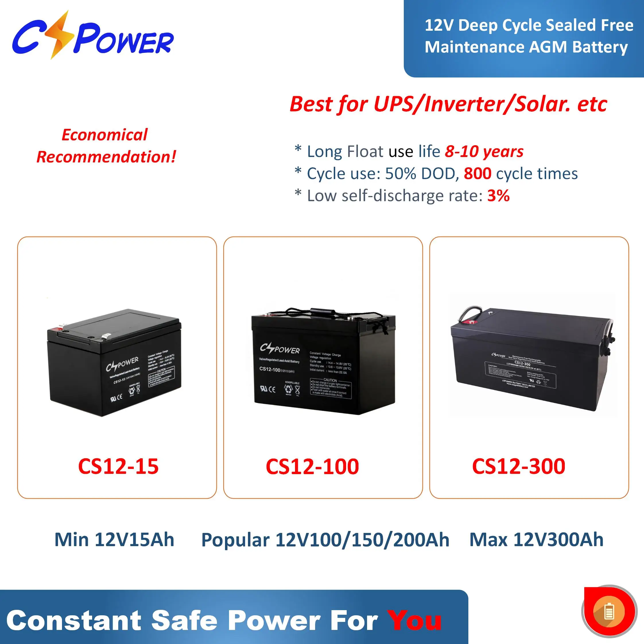 CSPower Top sale China manufacturer 12v 45ah agm solar battery CS12-45