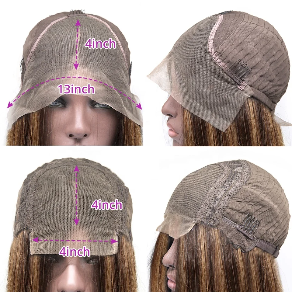 p4/27 Highlight 30 Inch 13x4 Skinlike HD Lace Frontal Wig Brazilian Virgin Human Hair Straight Black with Blonde Highlights Wig