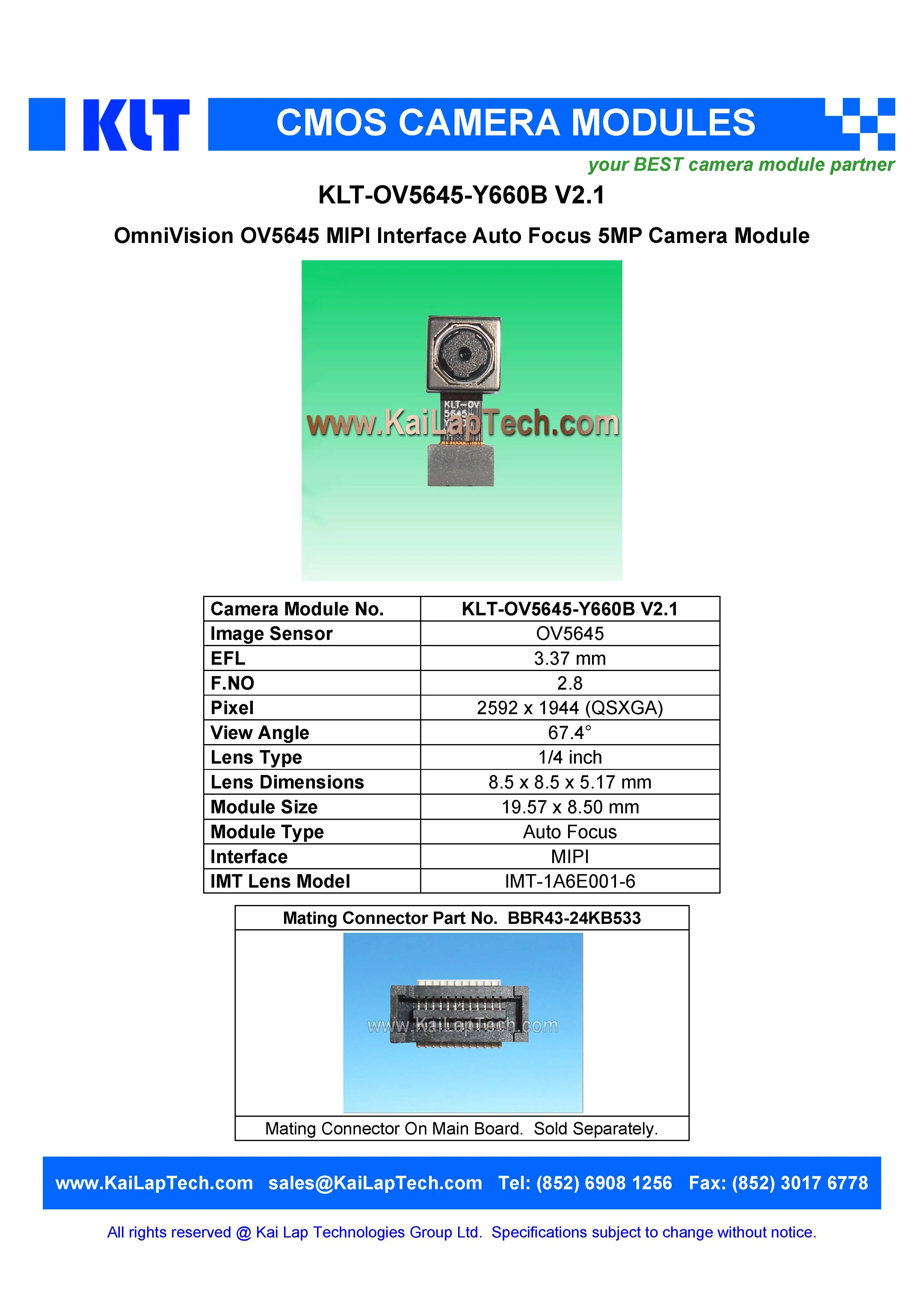 OmniVision OV5645 MIPI Interface Auto Focus 5MP Camera Module KLT-OV5645-Y660B V2.1