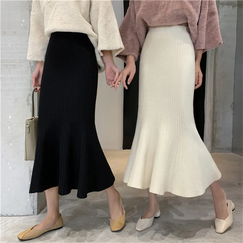 2023 Autumn Fashionable Women High Waist Loose Hip Grid Pleated Knit Fishtail Midi Dress Swearer Skirt