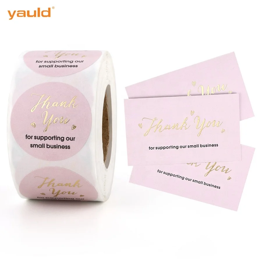 Custom Printing Logo Paper Pink Gold Foil Thank You Cards and 500 pcs Label Sticker for Supporting My Small Business Roll
