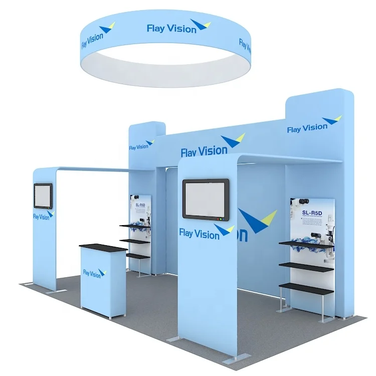 20x10ft Tool Free Aluminum Trade Show Equipment Shelf Display Stand LOGO Printed Ceiling Banner Custom Exhibition Booth Design