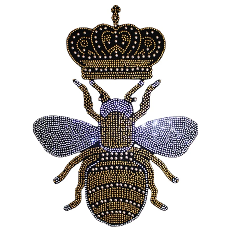 fashion gold bee and Imperial crown rhinestone Applique crystal patches cc rhinestone iron on diamond Patch for clothing decor