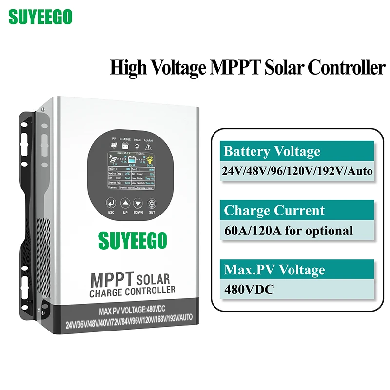 SUYEEGO 120A 60A PV Input Voltage 480VDC 24V/48V/96/120V/192V/Auto Battery Voltage High Voltage MPPT Solar Charge Controller