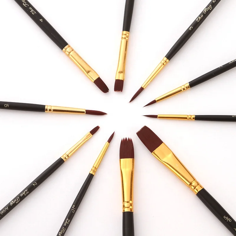 Hot Sale Mixed Shape Nylon Art Paint Brush Set,10pcs Colorful Wooden Handle Brushes