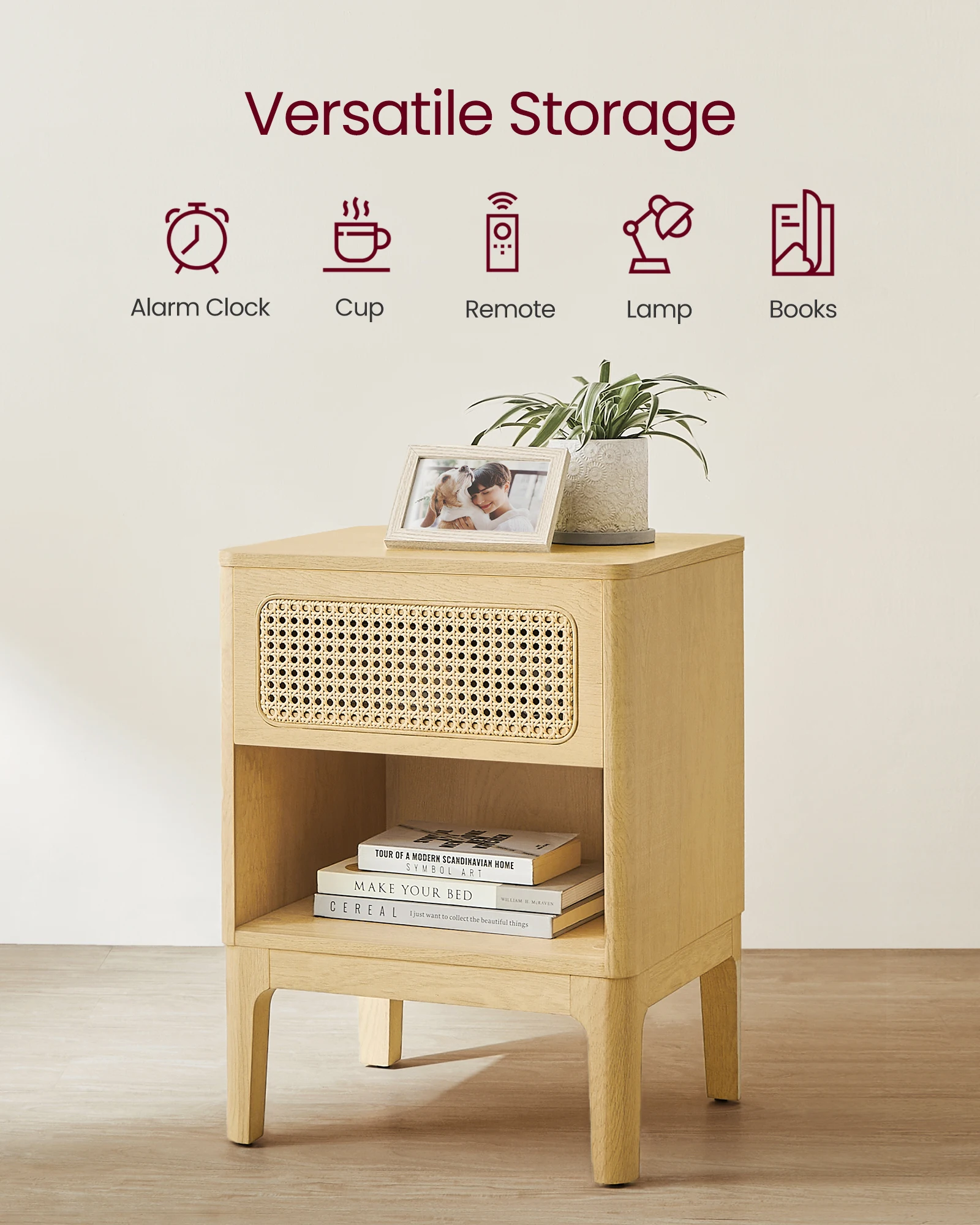 VASAGLE Modern Side Table for Bedroom Boho Bedside Table with 1 Upper Drawer Rattan Nightstand